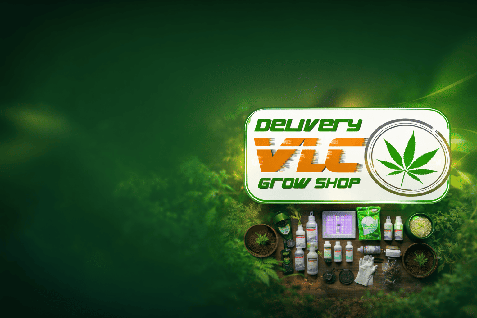 Kit de cultivo: maceta, sustrato, fertilizante y medidor en mesa de madera con fondo verde